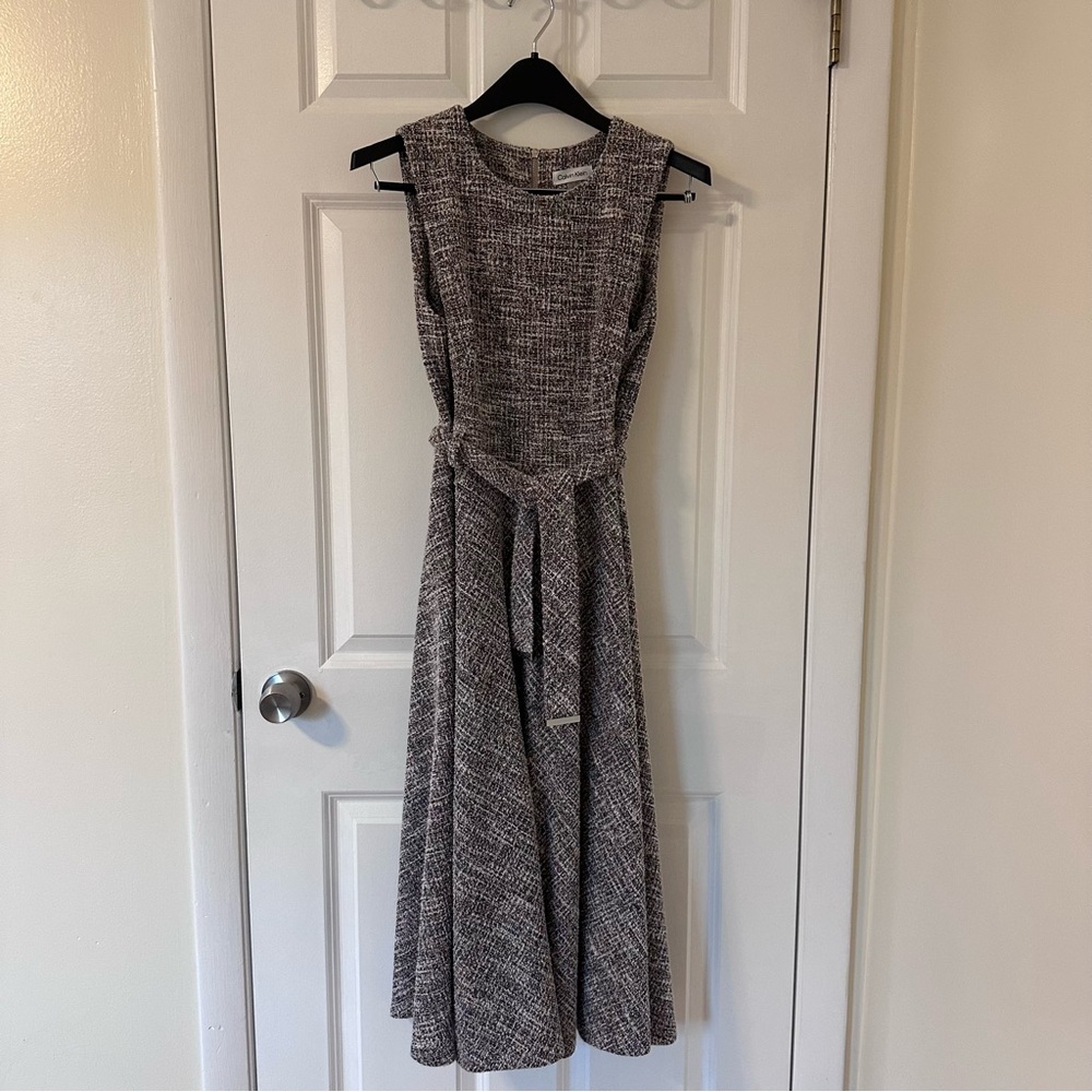 Calvin Klein Gray Tweed Sleeveless Midi Dress with Waist Tie
